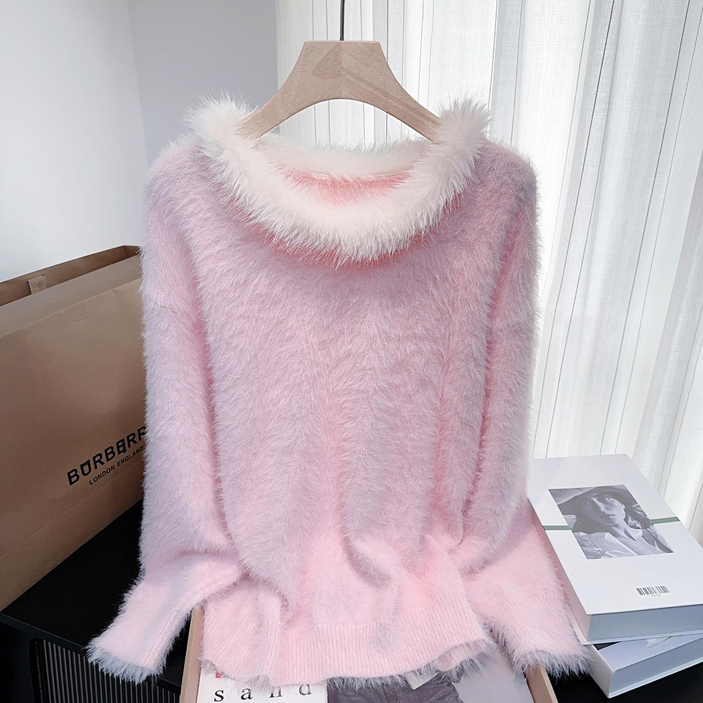 法式软糯温柔风粉色毛毛领v领毛衣女秋冬甜美减龄慵懒针织衫上衣