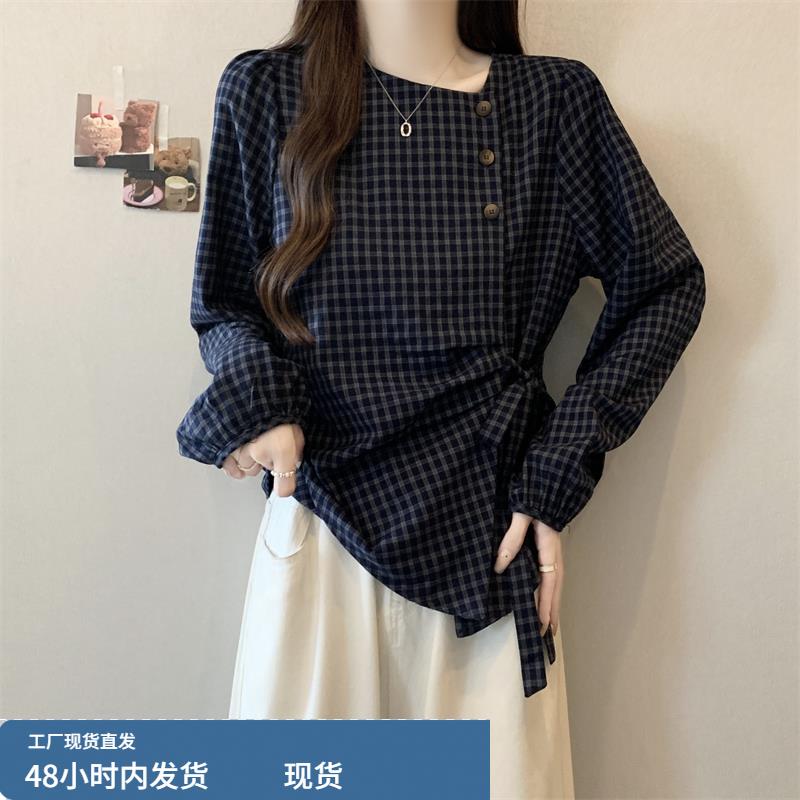 高级感蓝色格子长袖衬衫女秋季2025新款大码胖mm法式收腰遮肚上衣