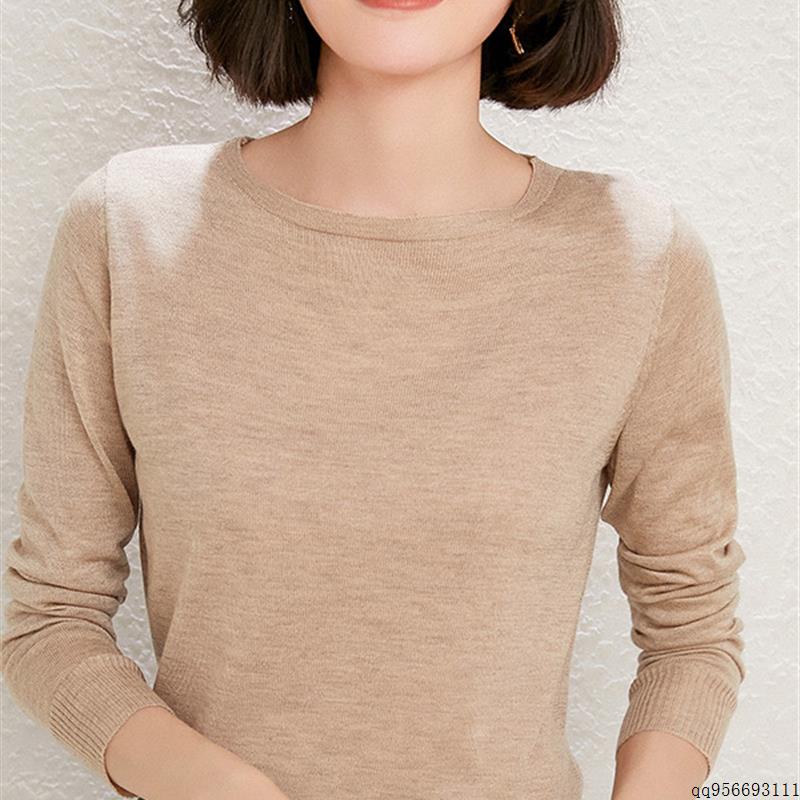 针织打底衫女圆领秋冬新款长袖套头毛衣百搭修身洋气短款韩版宽松