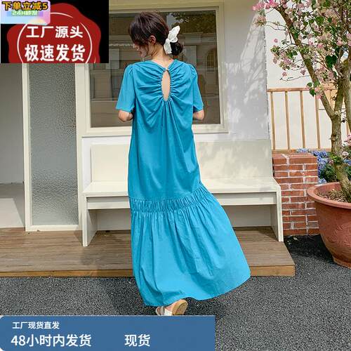 独特设计感捏褶露背多巴胺度假风连衣裙女夏2025新款绝美长裙及踝