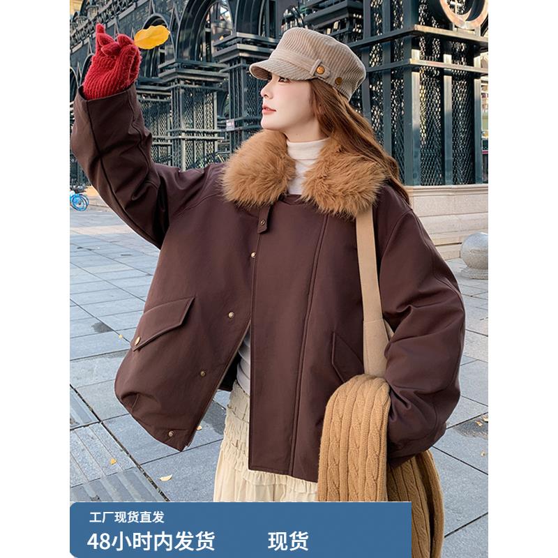咖色大毛领派克服女2025年冬季新款时尚覆古保暖加绒加厚棉袄外套