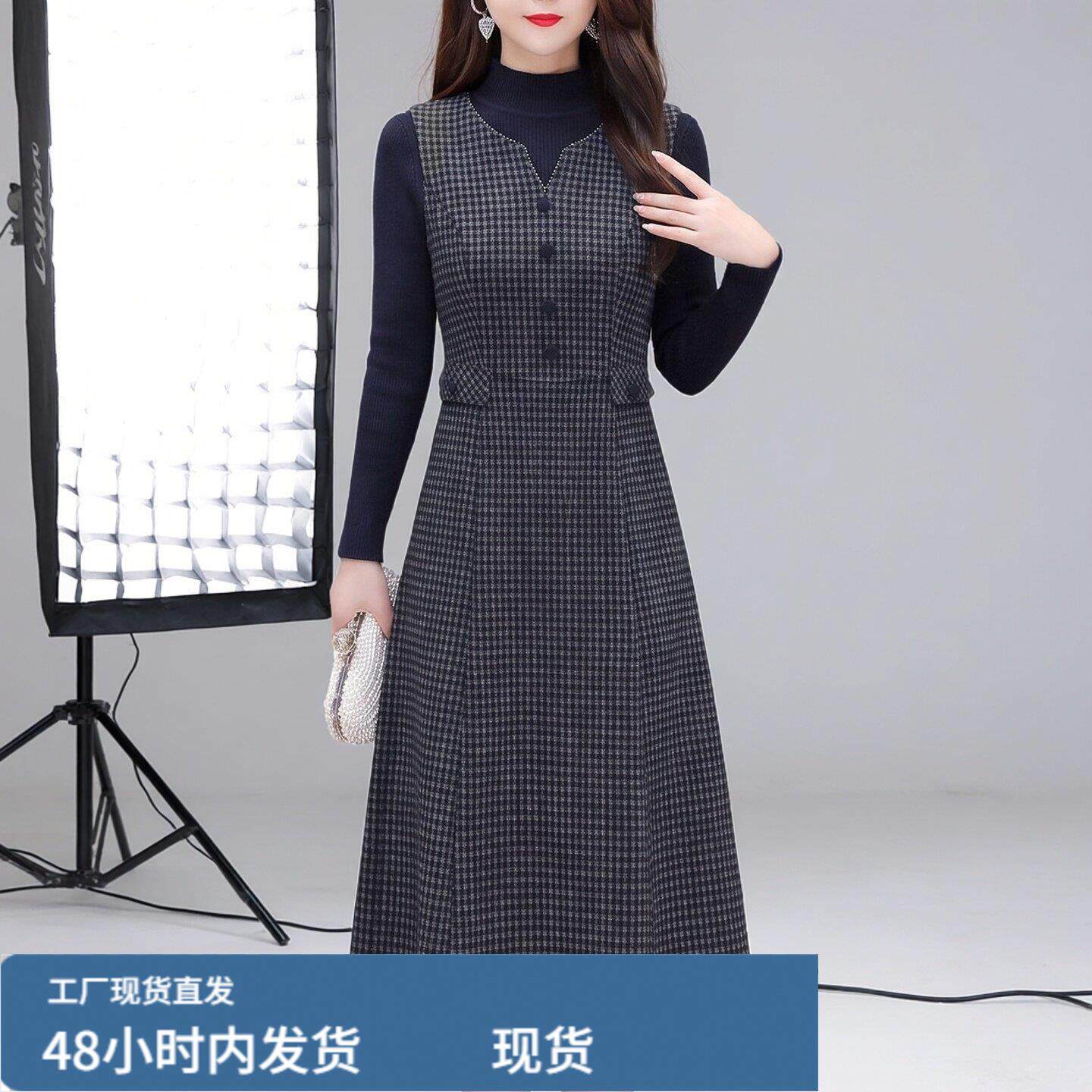 2026年春秋新款气质减龄女神范遮肚显高显瘦裙子潮千鸟格连衣裙女