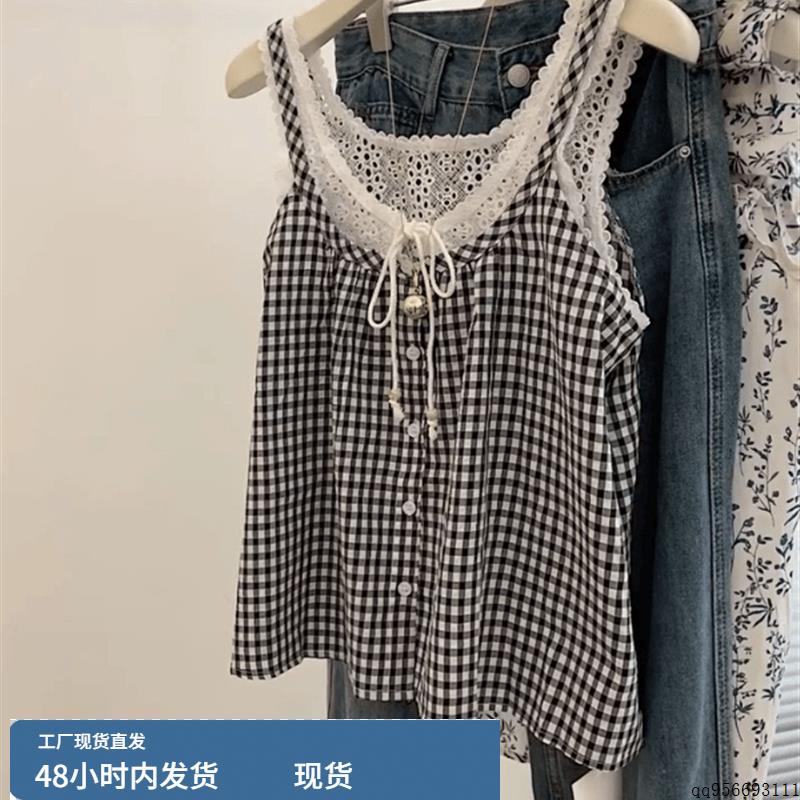 甜美露背蕾丝边假两件小吊带女夏季百搭学院少女黑色无袖背心上衣
