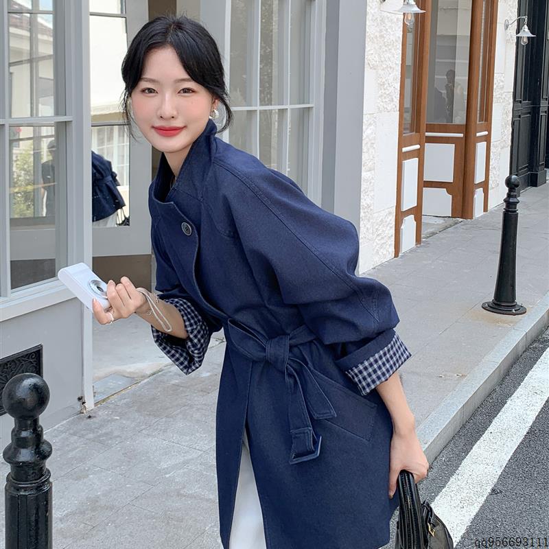 蓝色格纹拼接牛仔风衣外套女款秋2025新款韩系chic休闲中长款大衣
