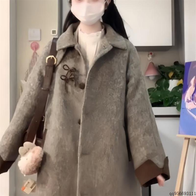 毛呢大衣女款2024新款冬季中长款夹棉加厚复古立领拼接呢子外套潮
