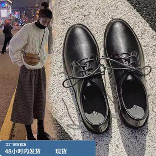 英伦风真皮小皮鞋女2025年春秋新款加绒平底面试系带上班通勤单鞋