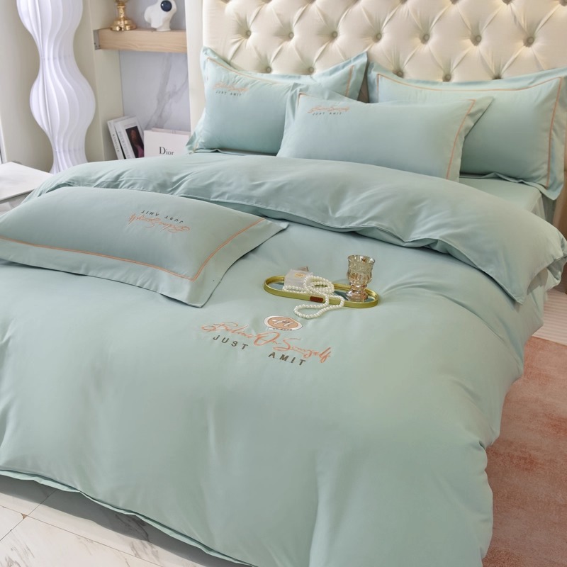 纯色刺绣床裙四件套轻奢三件套