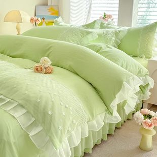 奶油风四件套全水洗棉被套床单公主风床裙款少女心浅绿色床品4ins