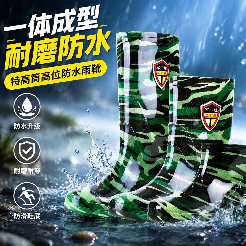 水鞋男高筒劳保迷彩雨鞋雨靴长筒加绒保暖中筒耐磨钓鱼胶鞋靴工地