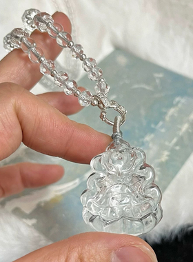 双面雕刻天然白水晶将军狐九尾狐吊坠狐狸项链狐牌锁骨链珠链挂坠