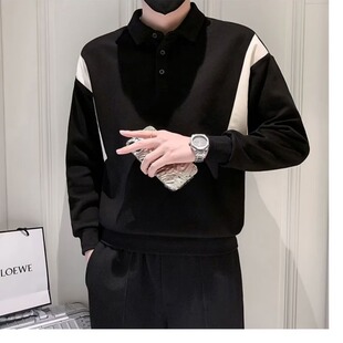 潮流百搭长袖 男装 上衣 痞帅潮牌拼色翻领Polo衫 卫衣男春秋2023新款