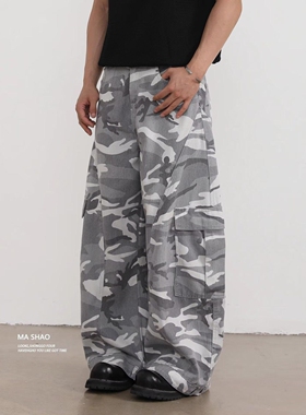 JADEQILIN美式复古白迷彩阔腿工装裤潮牌宽松反穿设计感牛仔裤潮