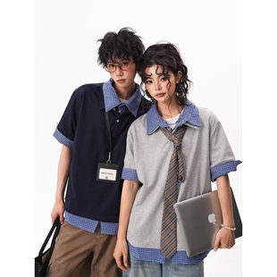 原创正品假两件格纹POLO短袖宽松百搭衬衫知识分子高级感雅奢T恤