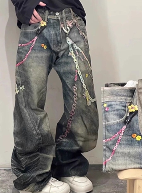 AC风格25ss牛王2006F糖果链条3D印花男女同款直筒弯刀牛仔裤高街
