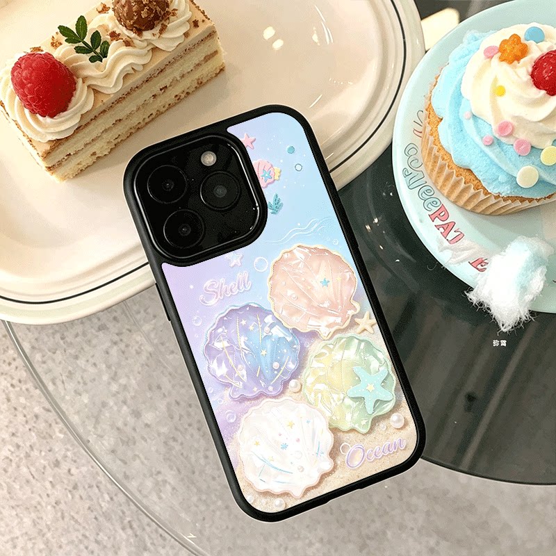 彩色贝壳适用苹果17手机壳iPhone16promax创意15新款14爆款13min少女12网红小众11黑色肤感玻璃7全包防摔硬壳