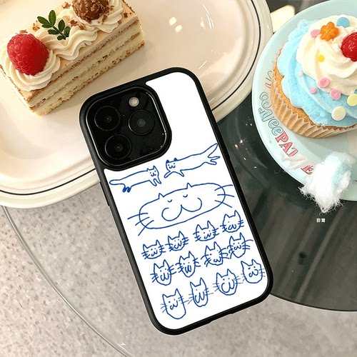 蓝色线条猫咪适用苹果17promax手机壳iPhone16创意15新款14爆款13min女12网红小众黑色肤感玻璃7全包防摔硬壳