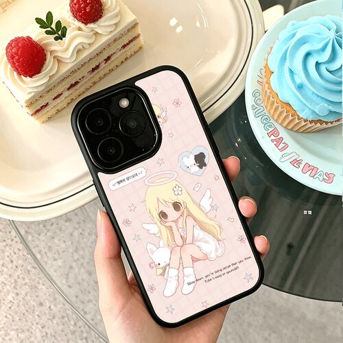 ins可爱天使女孩适用苹果17手机壳iPhone16promax创意15新款14卡通13mini女12高级小众x黑色肤感玻璃防摔硬壳