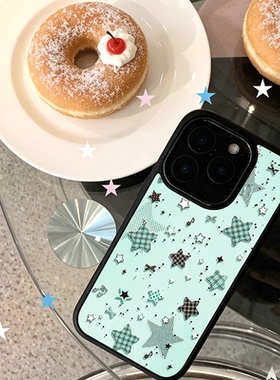 ins薄荷绿格纹星星适用苹果17promax手机壳iPhone16创意15新款14黑色肤感13mini女12高级x小众11玻璃防摔硬壳