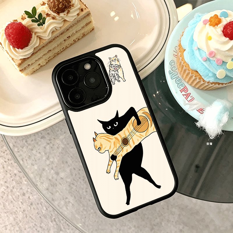 搞怪吉他猫咪适用苹果17promax手机壳iPhone16创意15小众新款14爆款13min个性女12黑色肤感玻璃7全包防摔硬壳图片