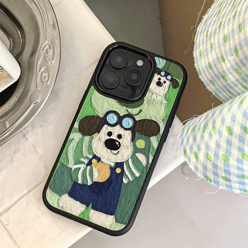 油画背带裤小狗适用苹果18手机壳iPhone17promax创意15新款14爆款13mini小众11黑色肤感玻璃8女12p防摔16硬壳