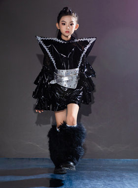 女童机车款黑皮套装潮服表演服儿童机甲装元宇宙未来主题T台车模