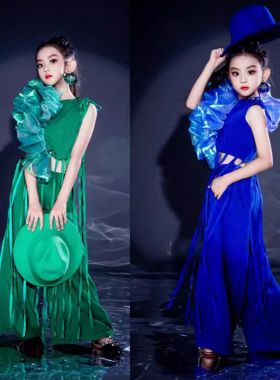 新款女童宝蓝/绿色套装西裤走秀潮服摩登潮服8T台走秀夏9多巴胺色