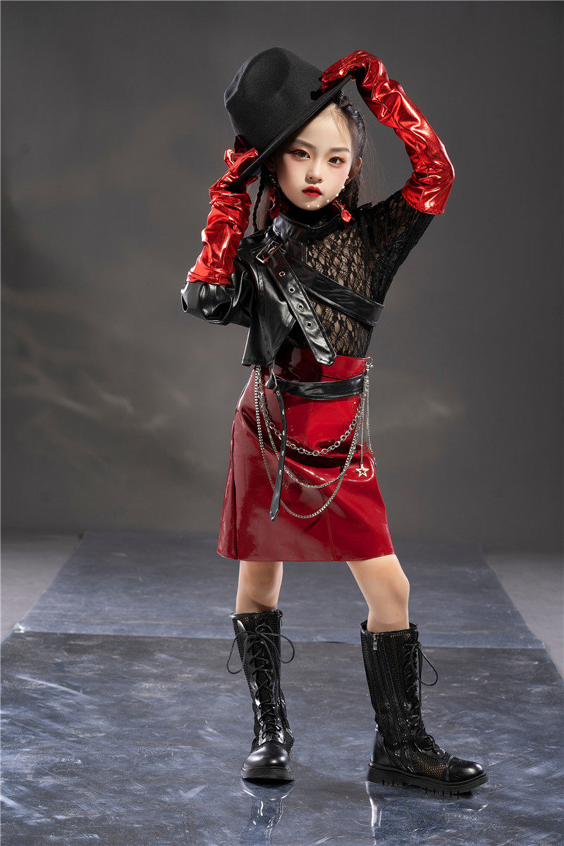 女童漆皮机车服重工走秀科技服时尚童装模特服装酷炫风酒红皮裙套