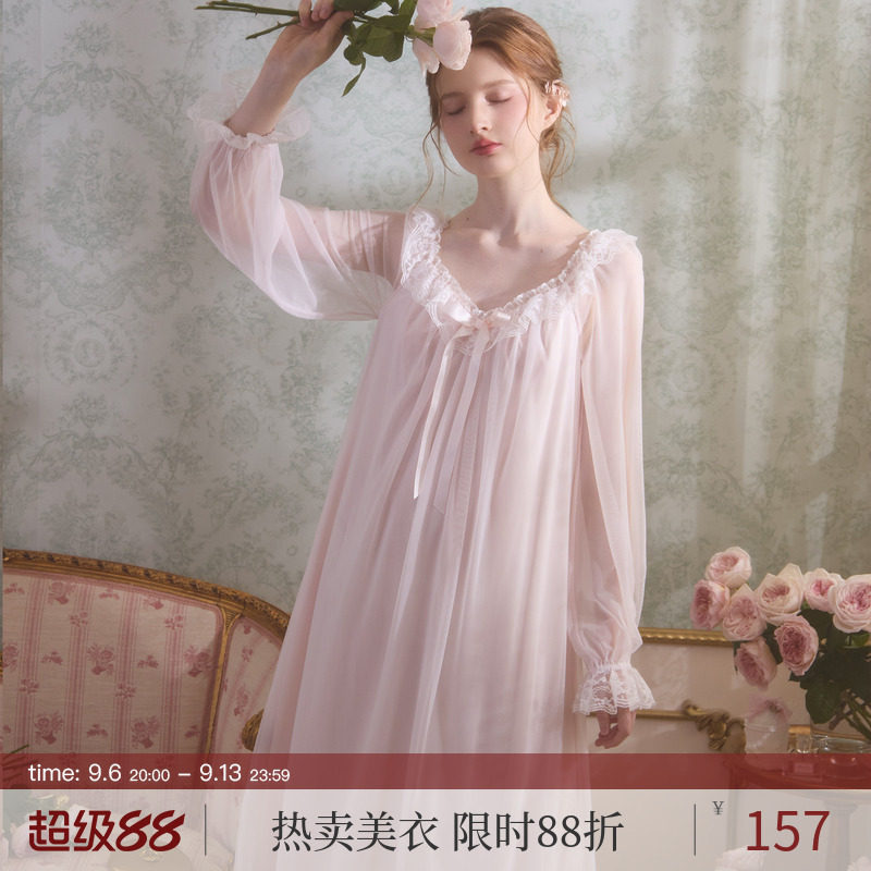 RoseTree性感睡裙女款春秋季长袖冰丝蕾丝宫廷公主风法式睡衣长款图片