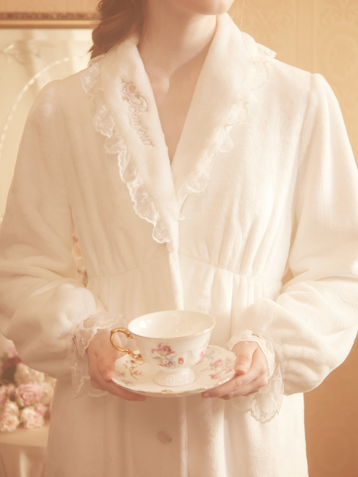 ROSETREE DRESSING GOWN WINTER WOMENS CORAL VELVET BATHROBE PAJAMAS FRENCH LUXURY FLANNEL BATHROBE DRESSING GOWN