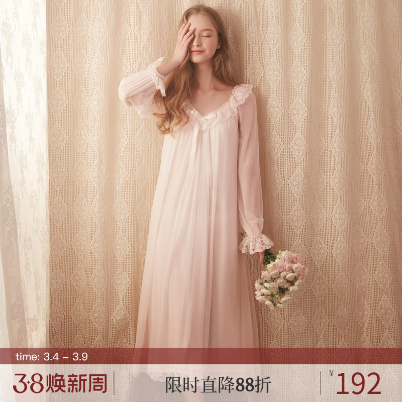 rosetree宫廷风睡裙女士春秋性感蕾丝薄款睡衣复古长裙夏季家居服