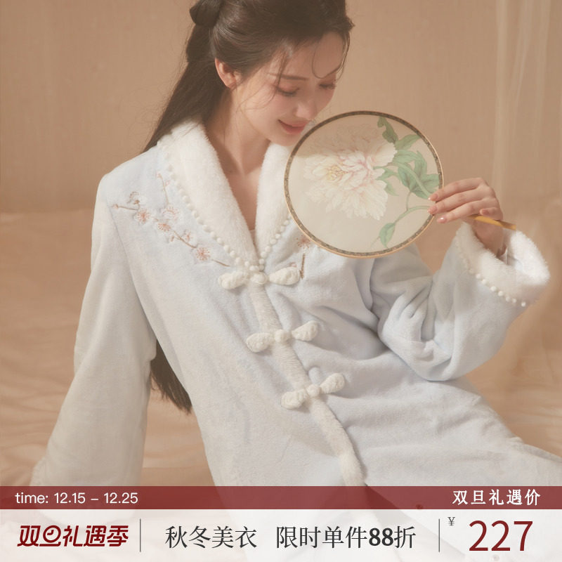 RoseTree国风梅花刺绣法兰绒睡袍