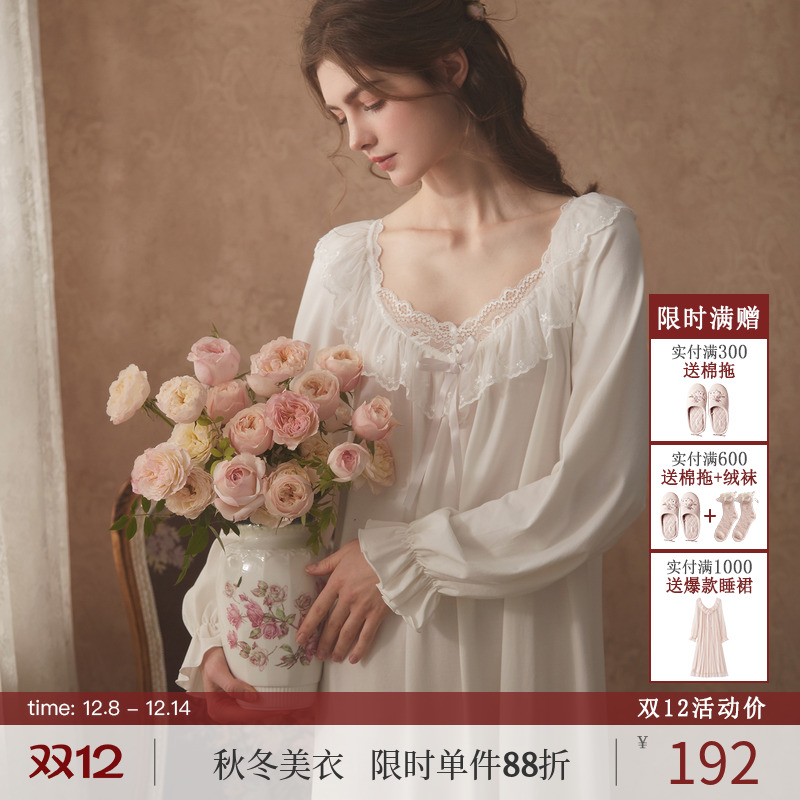 RoseTree公主风睡裙女款春秋季长袖长款法式复古宫廷风蕾丝睡衣裙