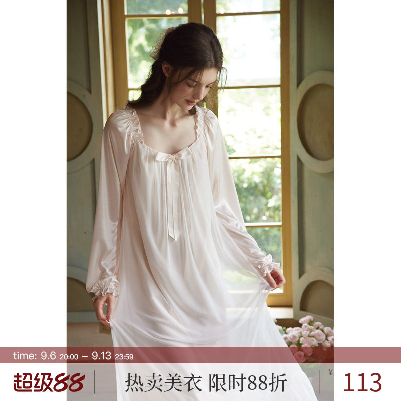 RoseTree冰丝睡裙女春秋长袖长款宫廷公主风性感纯欲法式绝美睡衣