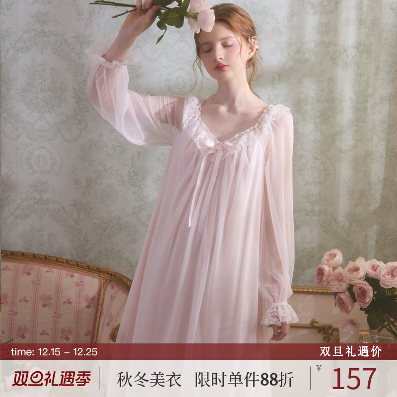 RoseTree性感睡裙女款春秋季长袖冰丝蕾丝宫廷公主风法式睡衣长款