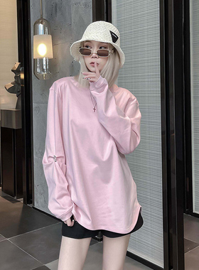 粉色卫衣t恤女长袖薄款2024新款春宽松设计感小众中长款潮牌上衣