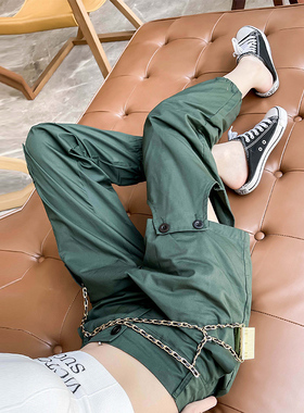 绿色工装裤女欧洲站2024年夏季新款时尚薄款高腰九分束脚宽松女裤