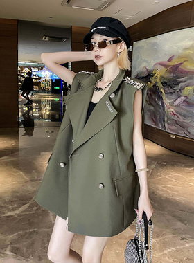 军绿色西装马甲女欧洲站2024年春秋新款潮款薄款洋气网红背心马夹