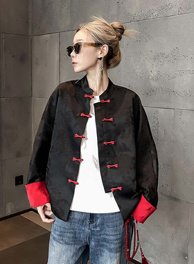 黑色新中式国风外套女2024新款春款高端超好看双面穿复古唐装上衣