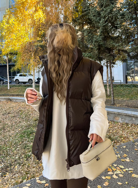 KMZD 欧包马甲 羊皮质感90白鸭绒加厚秋冬女宽松保暖外穿羽绒马甲