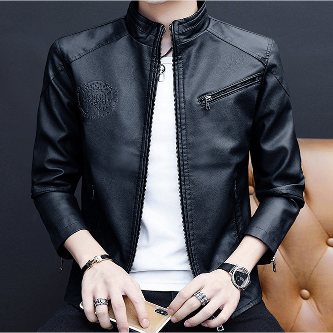 新款男式钢印皮衣皮夹克拉链圆领机车皮外套拉风青年飙车修身瘦版