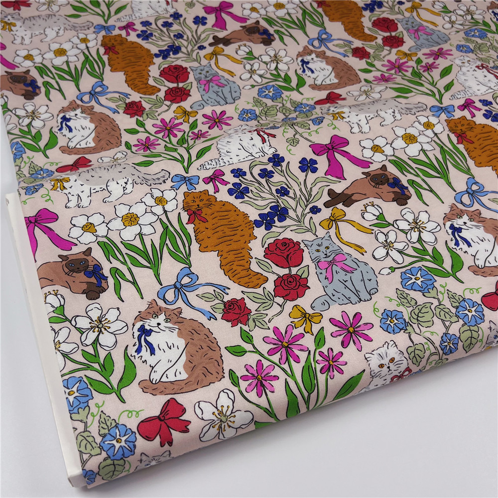 20支蝴蝶结花朵猫咪纯棉面料印花平纹棉布手工DIY布料书衣服饰