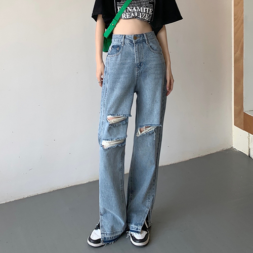 Real price: 2022 summer new straight hole jeans women's Retro High Waist split pants trend