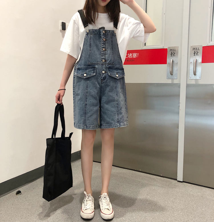 Real photo real price new denim strap shorts straight bobbin pants loose breasted wide leg strap Jumpsuit