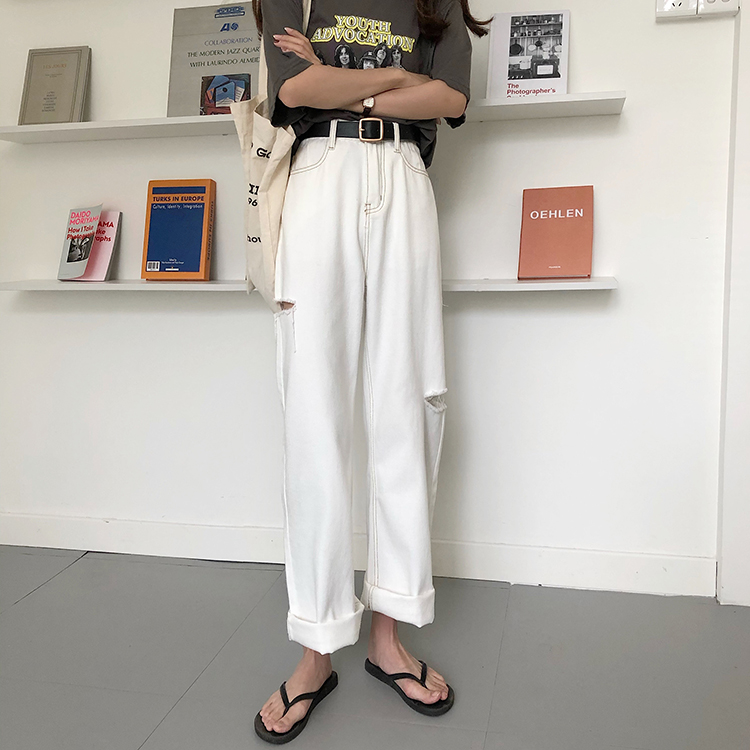 Real shot real price lazy style white hole jeans Korean version straight tube high waist slim pants