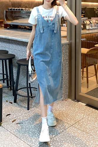 Real auction real price 2022 summer new design sense V-neck straight tube loose aging denim strap dress