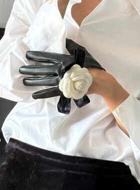 摇儿绕 复古80s秀场优雅晚宴小香风山茶花朵pu皮质感半露手套配饰