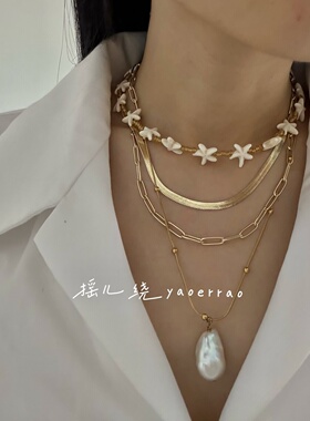 珍珠叠戴蛇骨项链条颈链