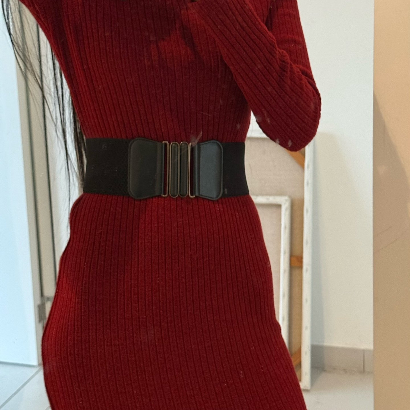 摇儿绕 复古法式优雅气质百搭宽收腰带黑腰封pu弹力金属搭扣配饰