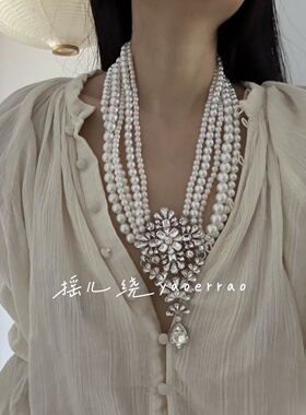 仿珍珠多层赫本长项链颈链闪钻