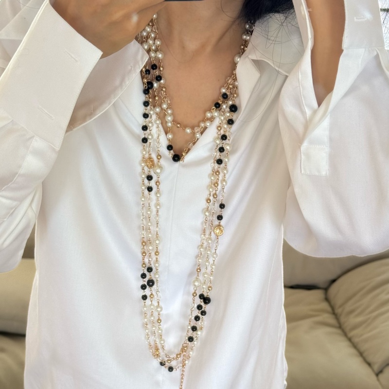 时髦多层叠戴仿珍珠串珠毛衣链女